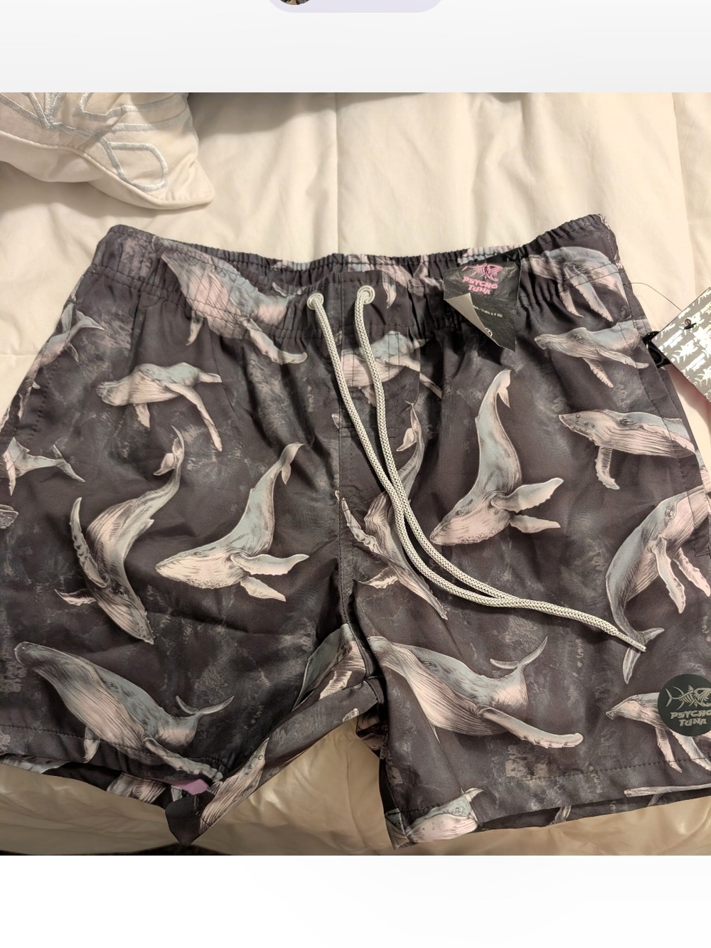 PSYCHO TUNA Men's Whale-Print Swim Trunks - Gray with Pale Blue and Pink Accents